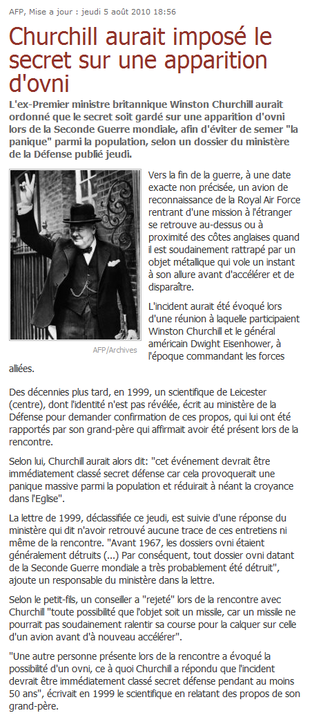 Churchill aurait imposé le secret sur une apparition d'OVNI durant la seconde guerre mondial